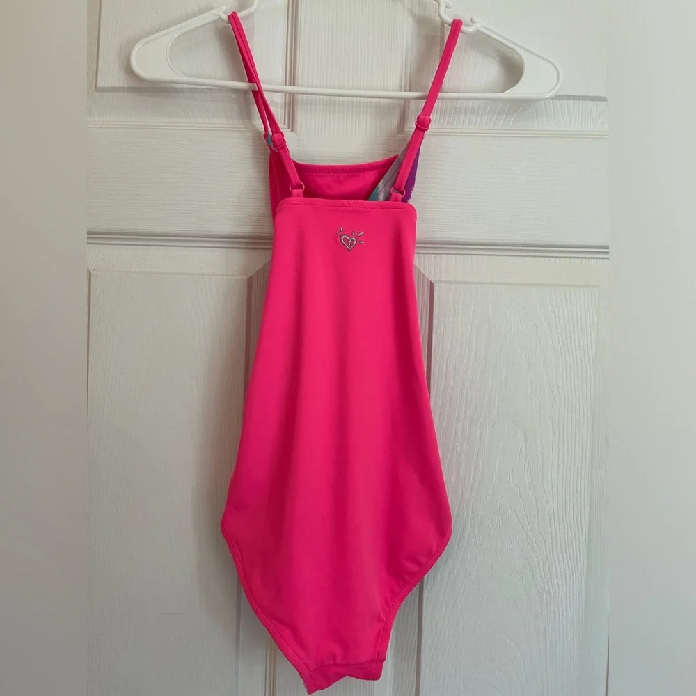 Girls Bright Pink & Rainbow Stripe Reversible Justice Swim Suit Sz 10/12